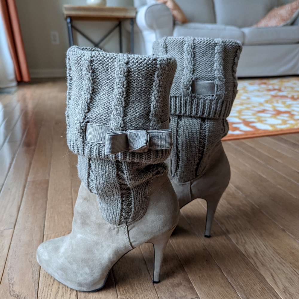 Bakers Dare Me Sweater Boots, Heels, Taupe, New